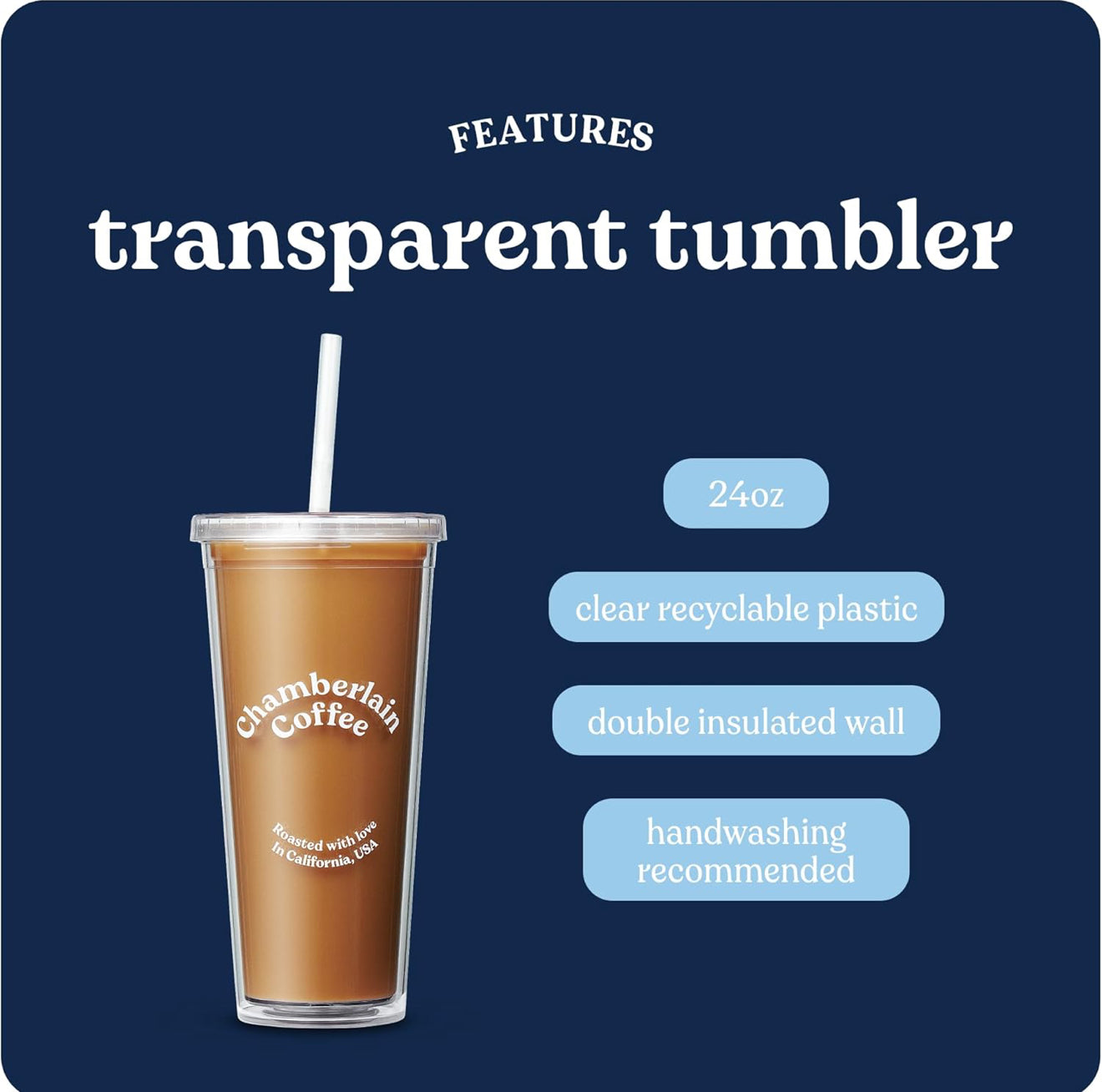 Chamberlain Coffee Tumbler - Clear Tumbler with Lid and Straw - 24 Oz Insulated Iced Coffee Cup - Double Wall Tumbler for Cold Brew, Iced Tea, Matcha Drinks (Plastic)