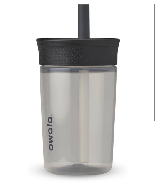 Owala Kids BPA-Free Plastic Tumbler with Spill Resistant Flexible Straw, Easy to Clean, Kids Water Bottle, Great for Travel, Dishwasher Safe, 15 Oz, Black and Gray (Skate Park)